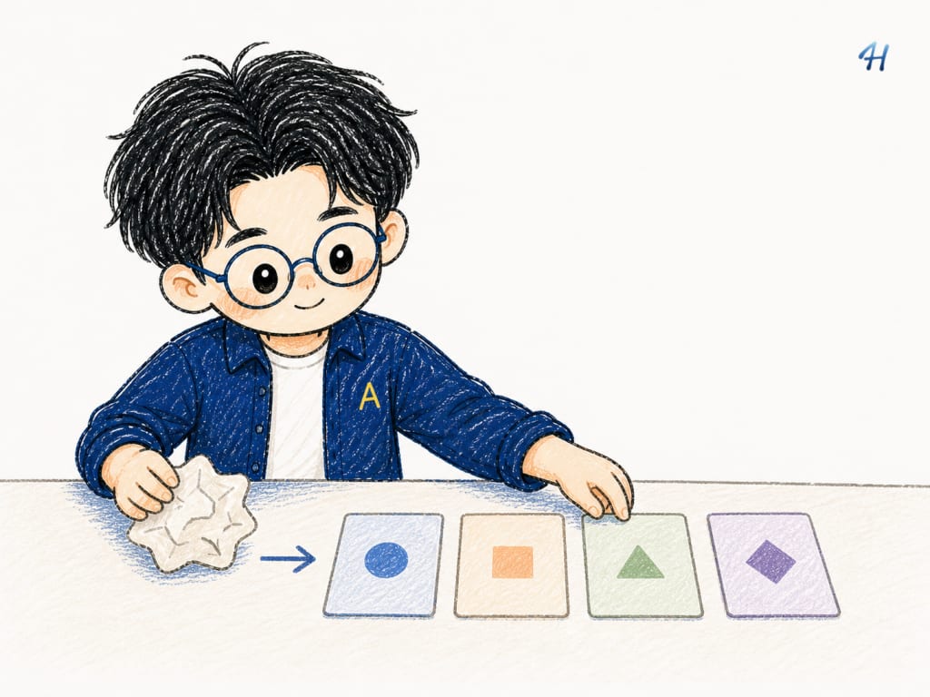 A hand-drawn character turns one vague work note into four cards that define a task.