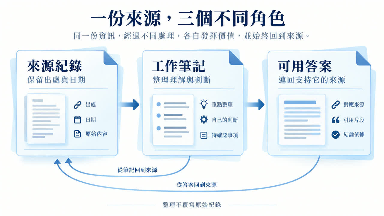 Flow from source records to work notes and a traceable answer