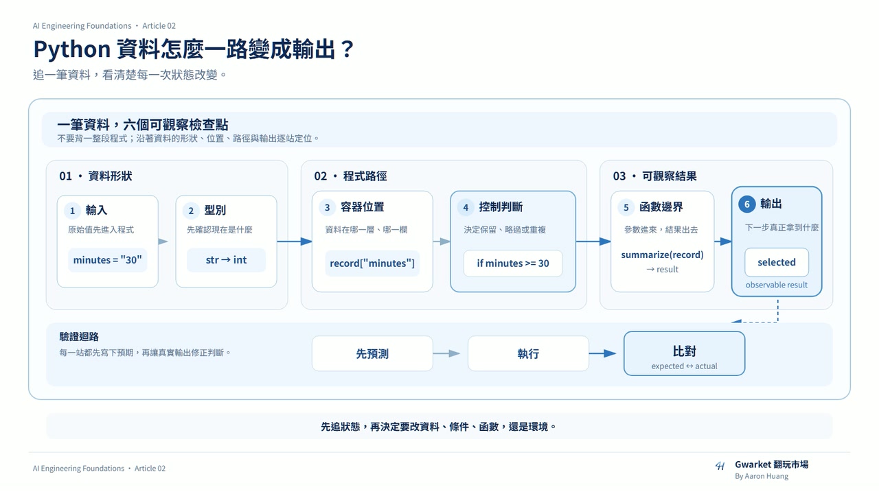 Python 資料從輸入一路流向輸出，並在每一步進行預測、執行與比對。